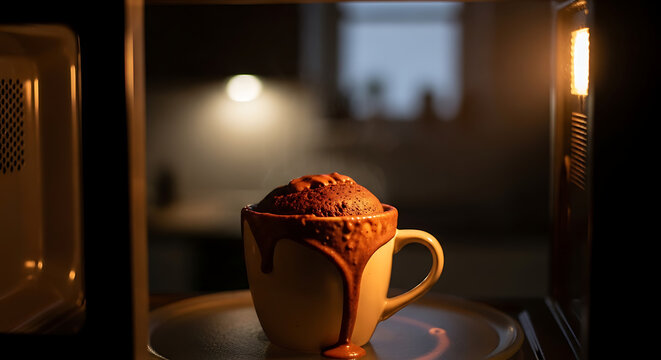 Chocolate mug cake overflowing and dripping down the side of a cup inside a microwave oven during the baking process, kitchen mess and simple homemade dessert cooking fail concept for stock images.
