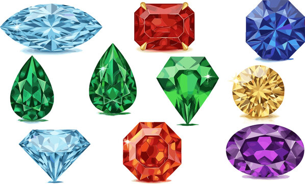 Colorful Gemstone Icon Set Featuring Diamond, Emerald, Sapphire, Ruby, and Amethyst for Jewelry, Luxury, and Precious Stone Illustrations