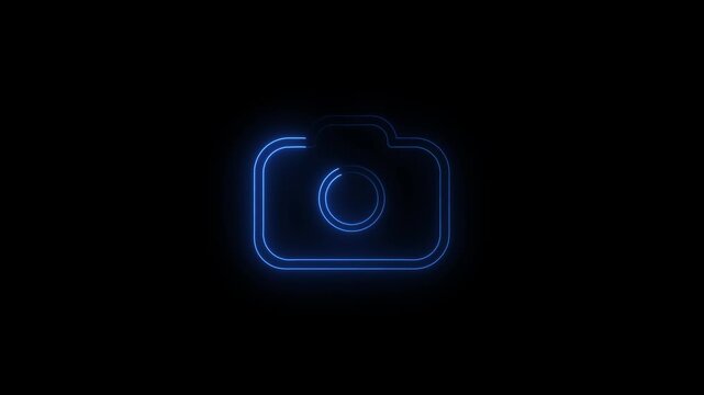 Modern camera icon glowing in a dark space with neon style. This camera icon is blue. Use a camera icon for digital gallery and social media photo share visuals.