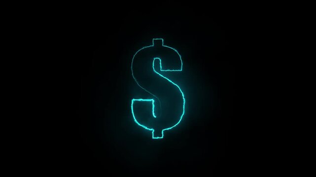 Neon dollar sign symbol glowing against a dark background. This dollar sign symbol is blue. Use a dollar sign symbol for concurrency and wealth management clips.