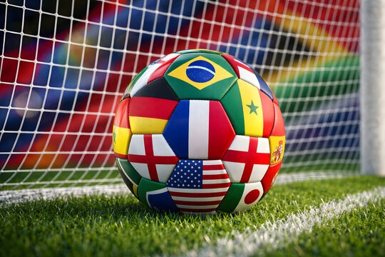 A soccer ball with multicolored panels in a goal net  world cup football 2026 world cup football images fifa world cup images fifa world cup 2026