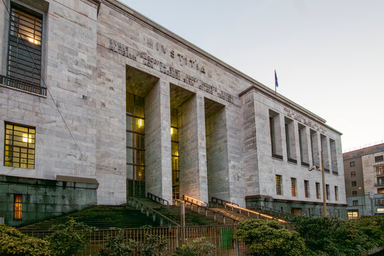 Fascist Era Rationalist Architecture: Palace of Justice (Palazzo di Giustizia) in Milan.A dramatic wide-angle view of the Palace of Justice in Milan, Italy, a monumental example of architecture from t