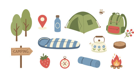 Minimalist outdoor camping gear set with tent backpack and campfire © MDABULKALAM