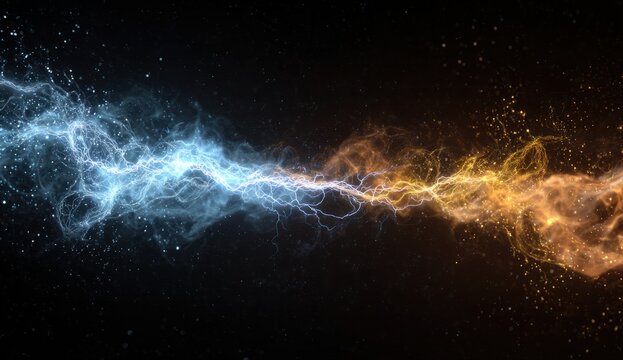 Dramatic clash of blue and orange lightning bolts crashing against each other in a cosmic storm scene