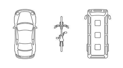 Top View Transport Symbols – Car, Bicycle, and Bus Outline Icon Set for Architectural Floor Plans © STM  2.0