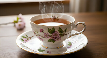 Fototapeta premium A vintage porcelain teacup filled with steaming hot tea sitting on a matching floral saucer set. illustration