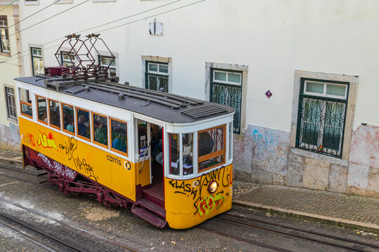 The Bica Funicular (Elevador or Ascensor da Bica), the famous tourist attraction in Lisbon, Portugal