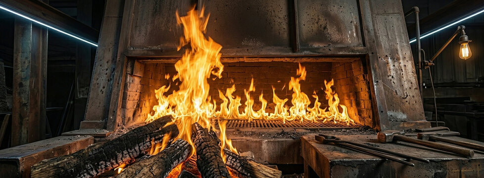 A large fire burns in a stone fireplace in a dark room