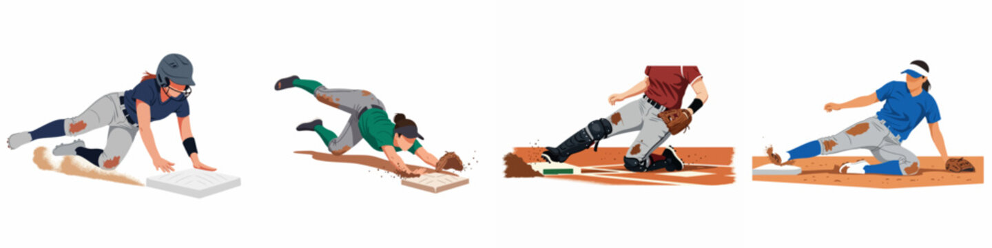 Set of female softball players sliding and diving into base, flat vector illustration collection on white background