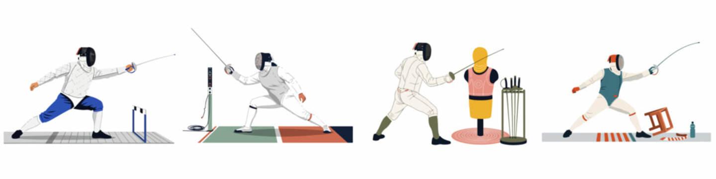Flat vector illustration set showcasing various fencing training and competition scenes with athletes in full protective gear and equipment.