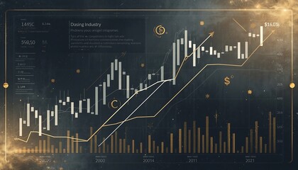 Obraz premium A detailed digital financial chart displays candlestick patterns and ascending line graphs indicating economic growth.