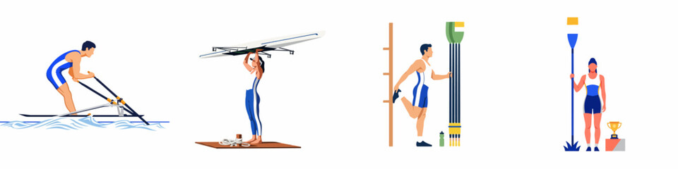 Flat vector illustrations of male and female rowers during training, carrying a boat, stretching, and celebrating a win with a trophy. © Slamet