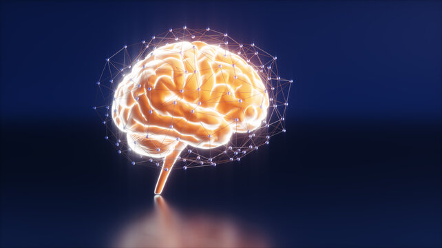 Luminous brain surrounded with digital neural network on yellow background - Artificial intelligence concept - 3D illustration