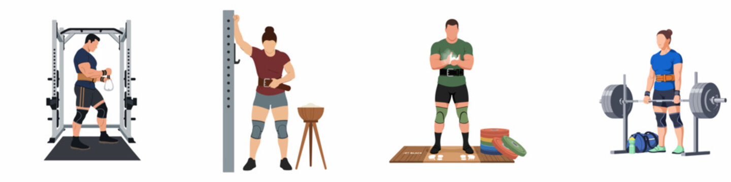 Set of flat vector illustrations showing male and female powerlifters preparing for heavy lifts with gym equipment like squat racks, barbells, and chalk.