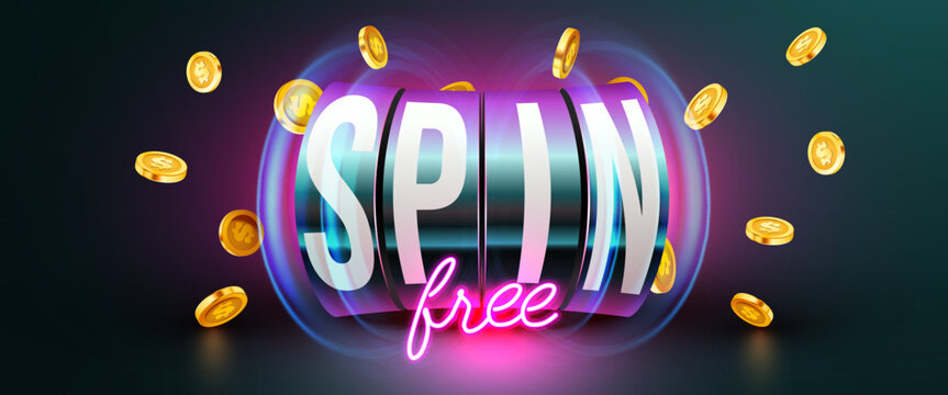 Free spin slot machine with falling golden coins and glowing neon lights on a dark background. Vector illustration