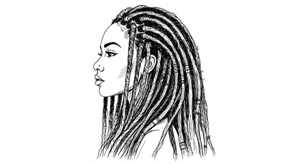 Black Woman Profile Portrait Sketch, Dreadlocks Hairstyle, Elegant Line Art © din