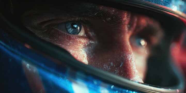 A race car driver?s intense eyes behind a helmet visor, showcasing concentration and focus during a high-substance race