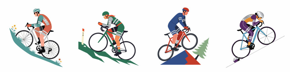 Naklejka premium Set of flat vector illustrations featuring diverse male and female cyclists riding road bikes on various terrains and inclines.