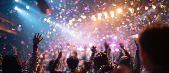 Obraz premium Vibrant concert scene with cheering fans and colorful stage lighting