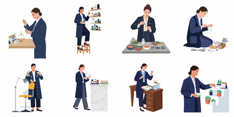 Fototapeta premium Set of illustrations depicting a female pharmacist or scientist working with medicine, herbs, and laboratory equipment in various professional settings.