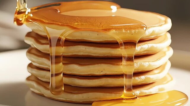 Golden Honey Pour Over Fluffy Pancake Stack in Soft Morning Light