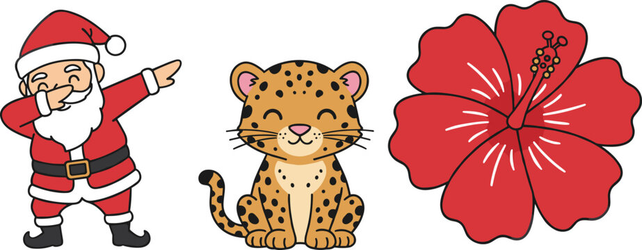 Playful character set with dabbing Santa cute leopard cub and red hibiscus flower