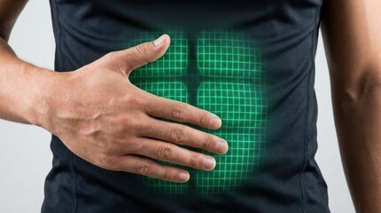 Fototapeta premium Man's hand touching abdomen with glowing grid highlighting abdominal muscles