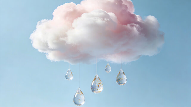 Pink white clouds falling golden foil droplets represent cloud skincare, luxurious moisturizing, and suitable for promoting air cushions and moisturizing cream products.
