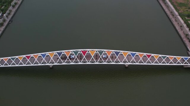 Cloudy Morning Aerial of Atal Bridge & Sabarmati Riverfront, Ahmedabad