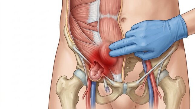 Medical illustration showing a doctor palpating an inguinal hernia in the groin area