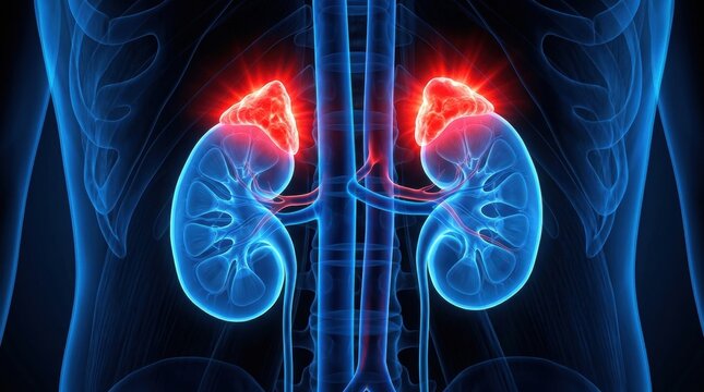Human kidneys with inflammation highlighted in red, medical illustration