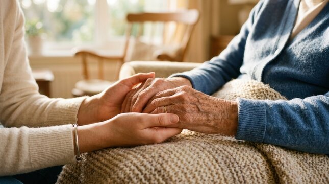Gentle hands of a caregiver holding an elderly person's hands with warmth and care