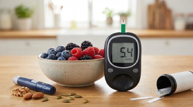 Healthy eating for diabetes management with blood glucose monitoring and fresh berries