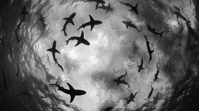 Shadowy sharks swim in a circle.