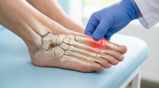 Doctor examining a foot with highlighted bone pain and skeletal structure