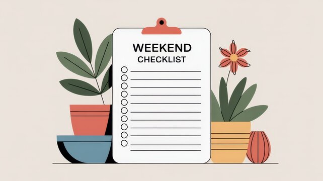 Weekend checklist clipboard with blank task list and houseplants on neutral background, simple home organization scene with notepad and decorative plants
