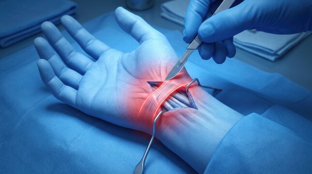 Surgeon performs carpal tunnel release surgery on a patient's wrist