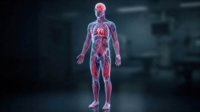 Detailed 3D rendering of the human circulatory system with heart and brain highlighted