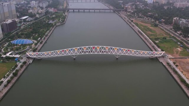 Cloudy Morning Aerial of Atal Bridge & Sabarmati Riverfront, Ahmedabad