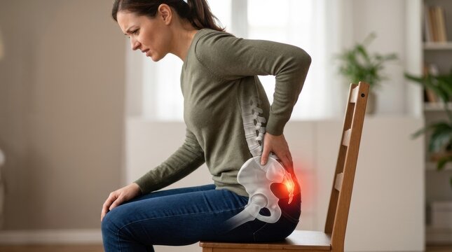 Woman experiencing sharp hip and lower back pain, highlighted with red on anatomical overlay