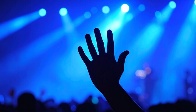 Silhouette of a hand raised in worship at a Christian concert or church service. Concept of praise, faith in God and spiritual surrender with blurred blue stage lights background 2