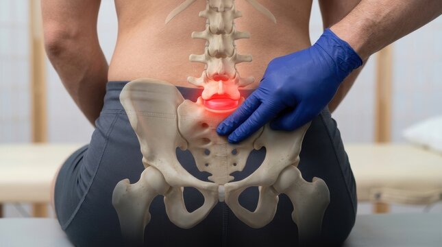 Doctor points to inflamed lumbar spine disc, highlighting pain and medical examination