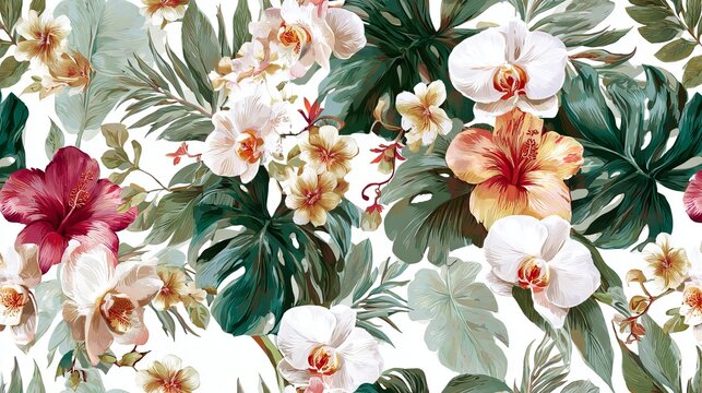 Tropical flowers like orchids and monstera leaves decorate a white background, creating a Hawaiian summer pattern perfect for wallpaper or fabric.