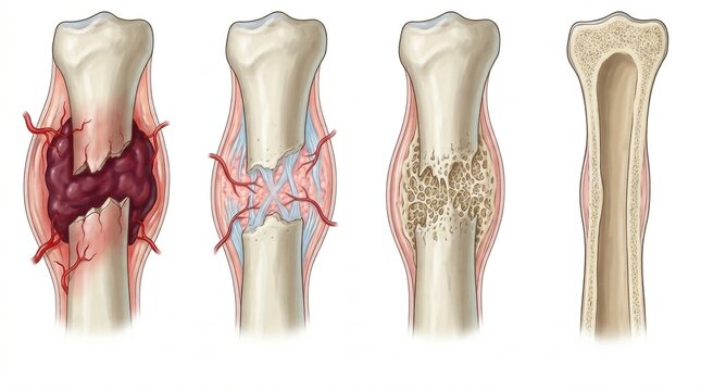 Stages of bone fracture healing illustrated with detailed anatomical cross-sections