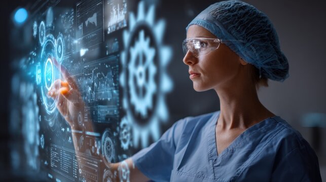 Female healthcare professional in scrubs and protective glasses interacting with digital interface and medical icons in a hospital setting