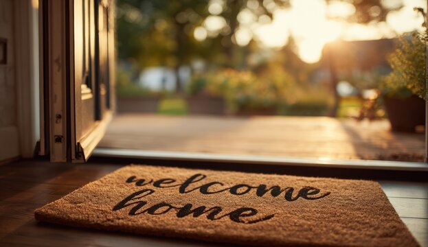 Front door entryway with welcome mat on wooden floor at sunset