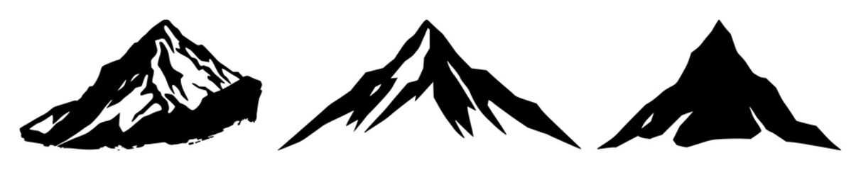 Fototapeta premium Mountain peak icon set with solid black illustration on white background featuring mountains, peaks, silhouette with iconography and design