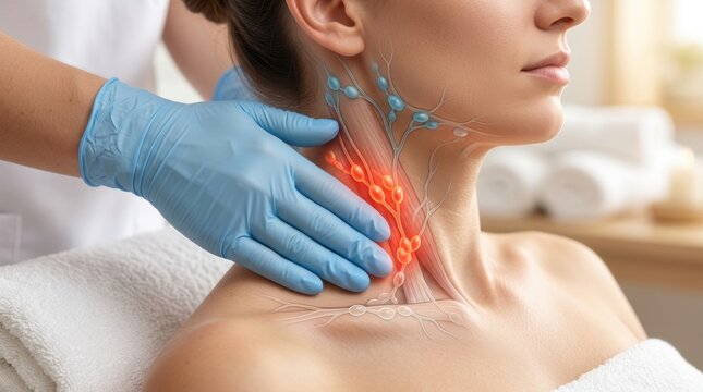 Medical illustration of lymphatic system nodes in the neck during a gentle massage