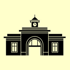 Fototapeta premium Black and white illustration of an arched building with windows and a clock tower against a pale yellow background