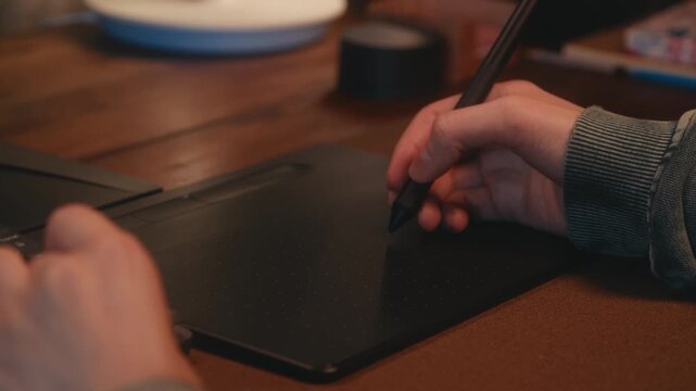 Macro cinematic shot of female digital artist hands. One hand typing on keyboard, other drawing with stylus on graphic tablet. Selective focus shift between hands, warm light, wooden desk, cork mat.